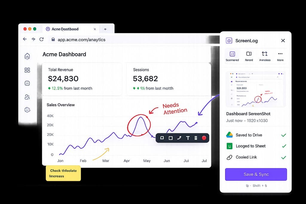 Capo extension capturing and annotating a dashboard, then syncing to Google Drive and Sheets